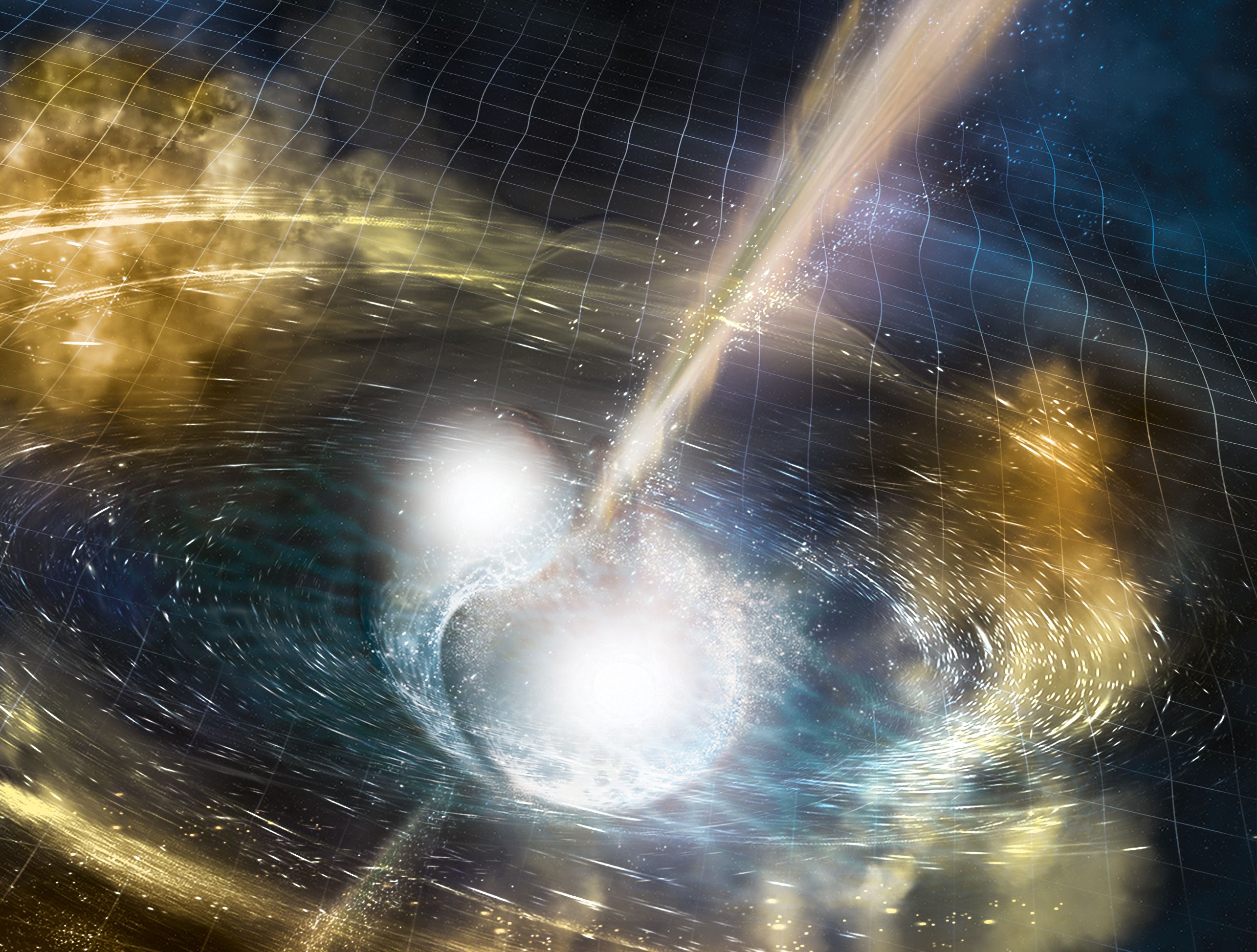 At the center of this illustration is a bright region of light that looks like two balls that haven’t quite merged into one. Two rays of white and orange light emanate from that central collision, one up and to the right, the other down and to the left, though you can’t see the one to the left quite as well because there is also a disk of swirling material blocking the view. There is also a faint grid across the entire image, representing space-time. Ripples in the grid can be seen at the edges of the image, showing gravitational waves that had been emitted by the merger.